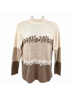 VINTAGE SEGUE MULTI HUE BEIGE BROWN FLORAL SILK ANGORA MOCK NECK SWEATER - M
